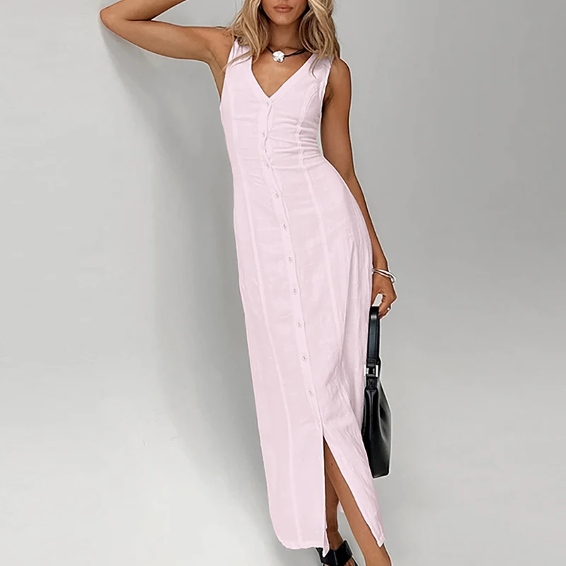 

Lady Elegant Sleeveless Split Party Dress Casual V-neck Solid Color Slim Long Dress Simple Solid Single Breasted Commuting Dress