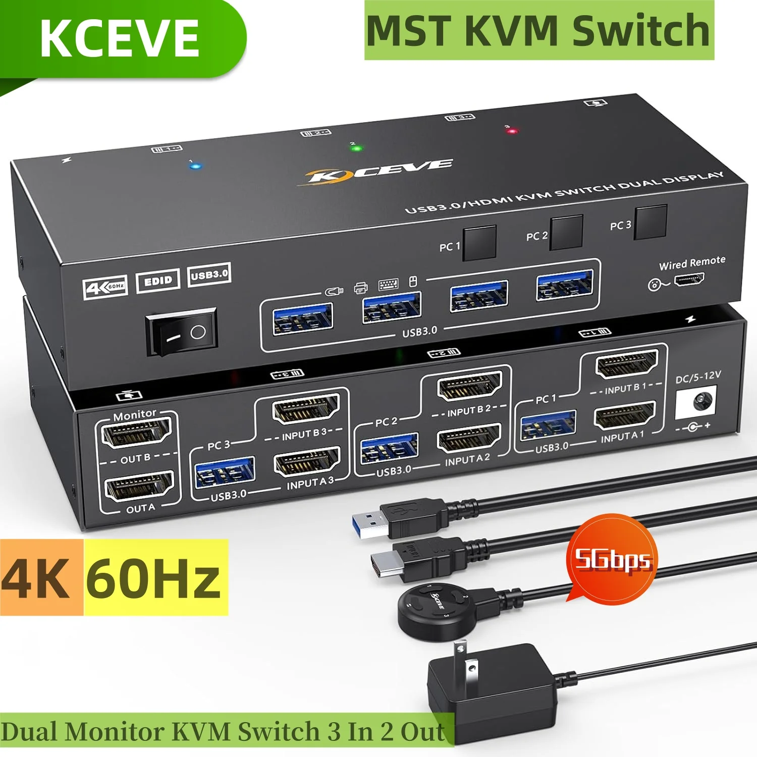 

2024 New KCEVE Dual Monitor KVM Switch USB 3.0 HDMI Switch 2 Monitors 3 Computers 4K@60Hz 2K@144Hz EDID Emulator Dual Monitor