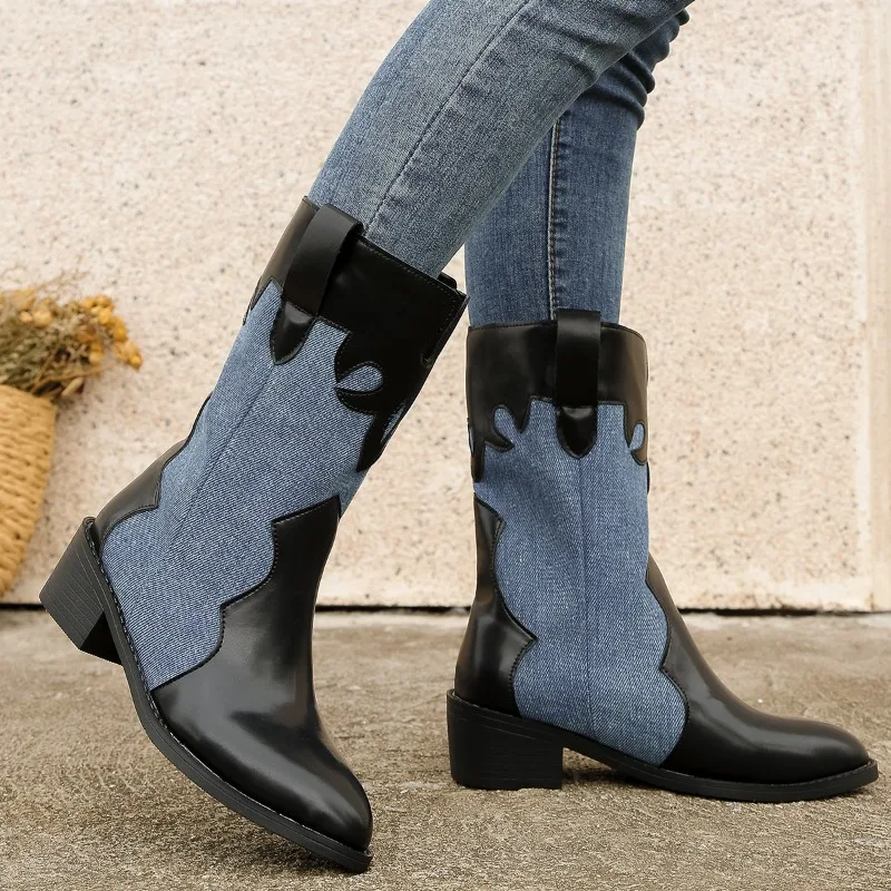 2023 Winter Women's Mid-Calf Boots Fashion Slip-on Shoes for Female Square Heel Med Heel Women's Shoes Patchwork Ladies Boots