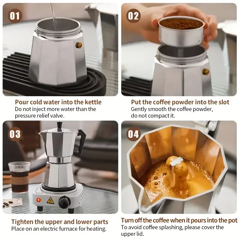 Klassische Espresso- und Kaffeemaschine für den Herd, Moka-Kanne zum italienischen und kubanischen Café-Brühen, Cafeteras, 1/2/3/6 Espressotassen, Silber – Detail 12