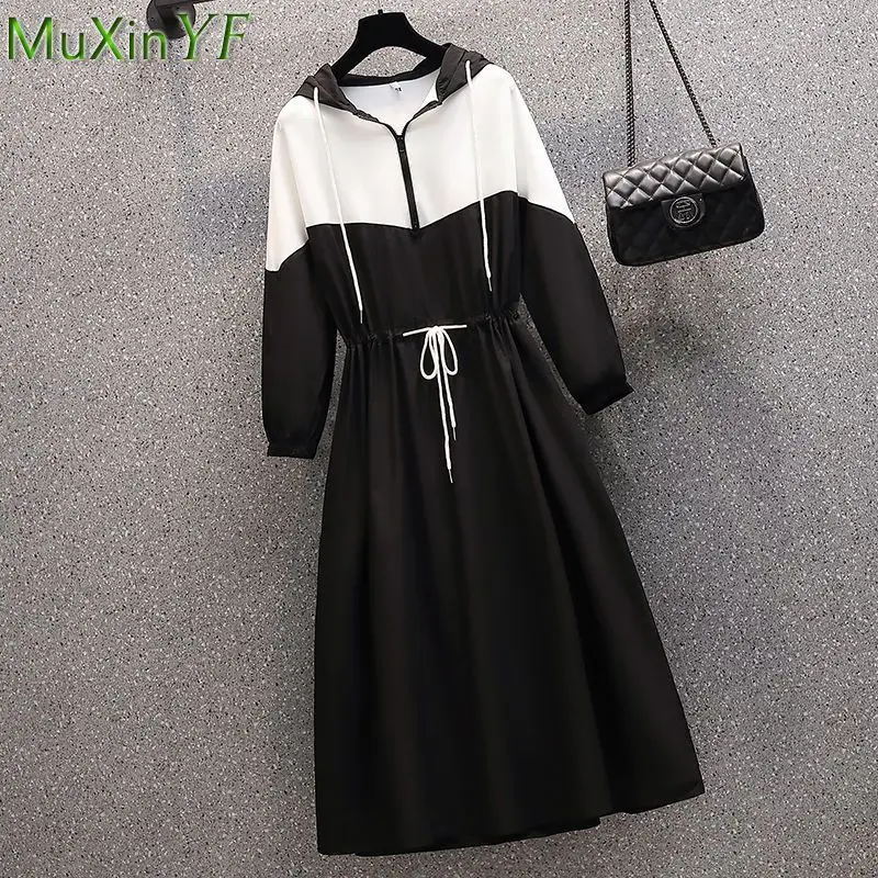 2023 Spring Autumn New Women's Black Dress Korean Casual Loose Hooded Sweatshirt Dresses Sports Outside Travel Clothing Female