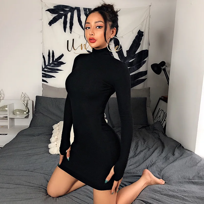 

Women's High Neck Long Sleeve Hip Dress Women's Spring Sexy Solid Color Slim-fit Simple Slim-fit Skirt Summer Dress Sexy