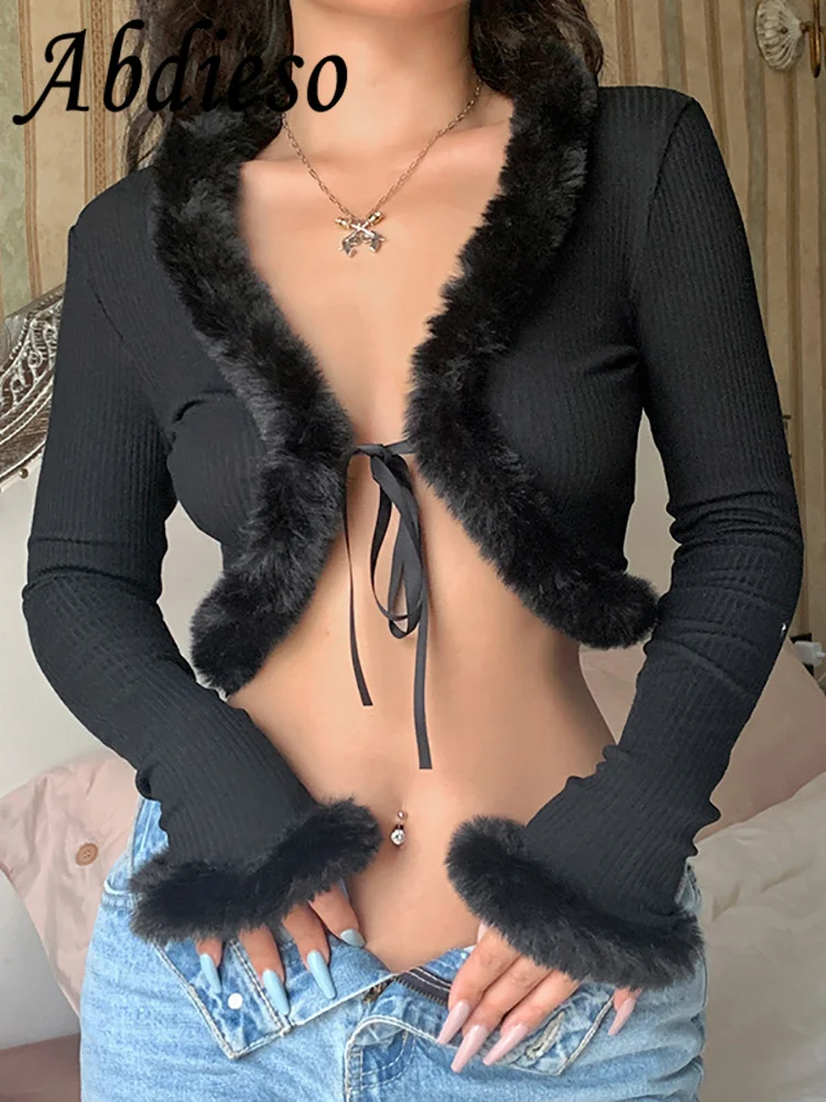 

Abdieso Y2K ленточный Сексуальный Кружевной Топ с длинным рукавом женские черные уличные футболки винтажные осенние зимние однотонные базовые футболки 2023