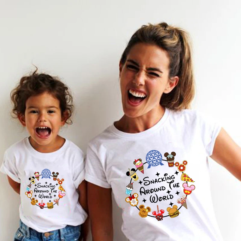 New Disney Snacking Around The World Funny Family Matching Shirts Cotton Dad Mom Kids Tees Baby Romper Family Look Trip Outfits 2