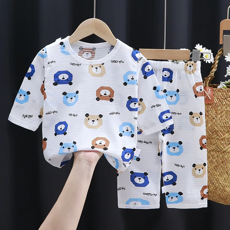 

Children's Pajama Set Summer Thin Girls' Air Conditioning Clothes Men's Three-Quarter Sleeve Baby Pajamas Cotton Homewear