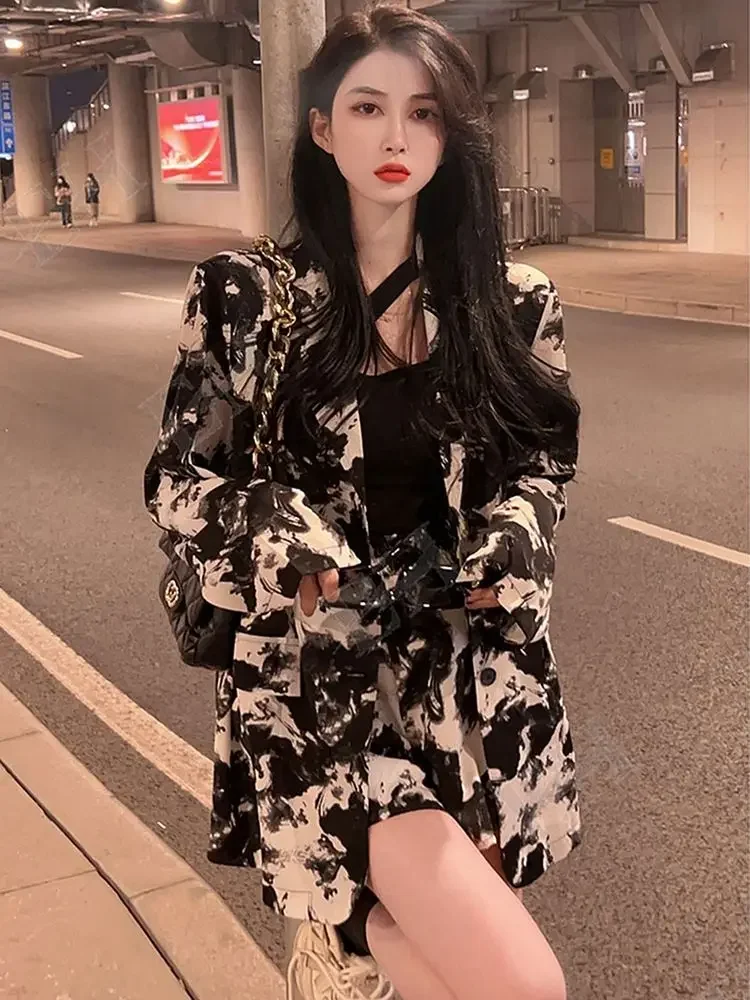 Korean Fashion Women Suit Blazer Set Long Sleeve Jacket Pants Tie-dye High Waist Shorts Retro Streetwear Casual Thin 2 Piece Set
