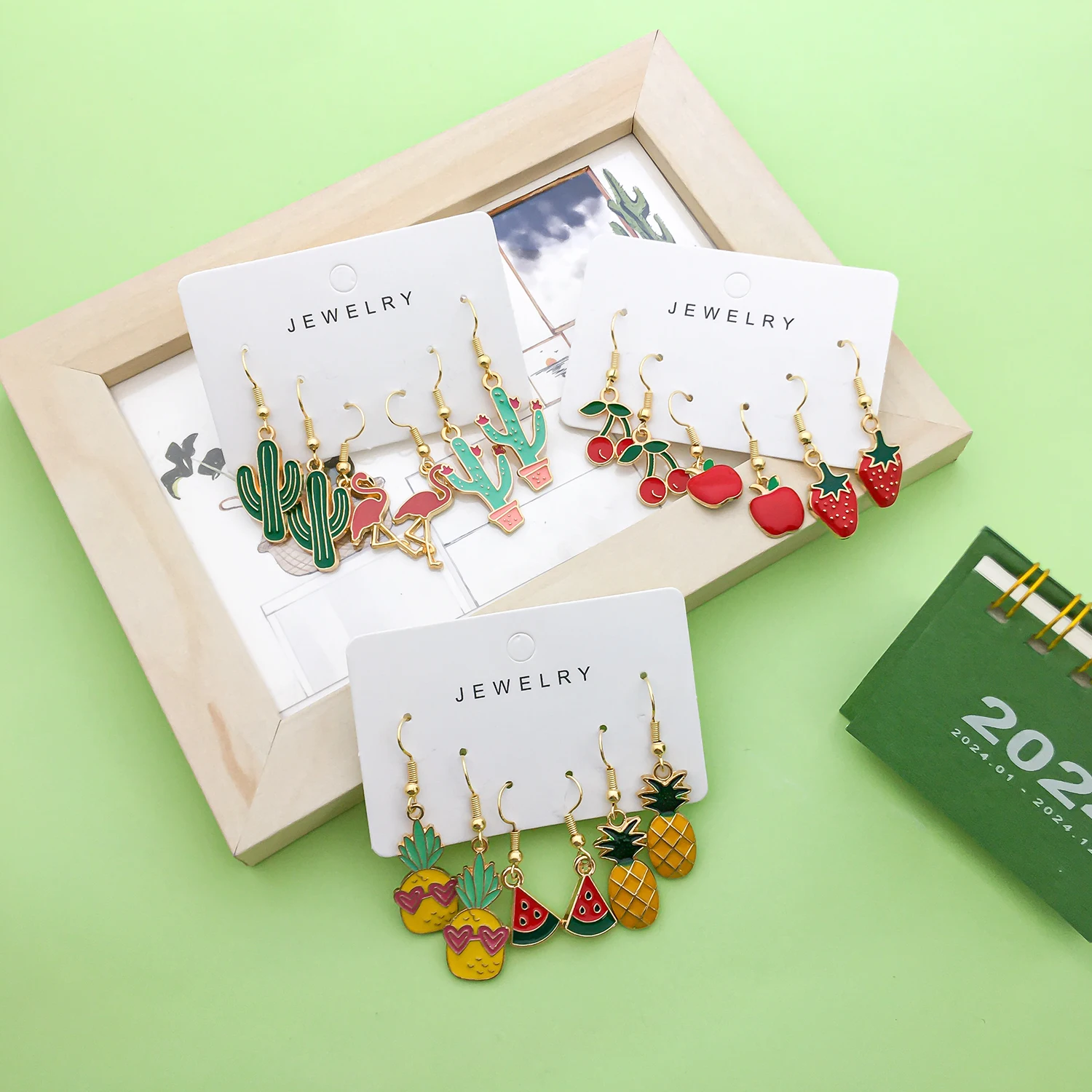 Enamel Funny fruit design earrings Cactus Design Charms Earrings Fashion Alloy Jewelry Women Girls Holiday Gifts 3 Pairs/Set