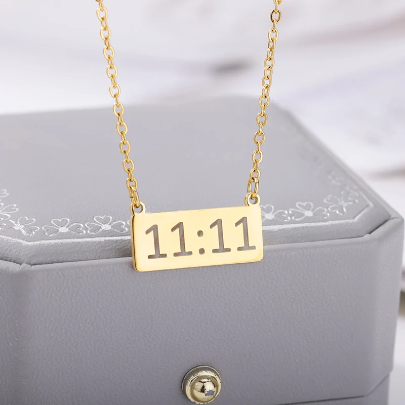 11:11 Rectangle Pendant Necklace for Women Stainless Steel Gold Color Necklaces Lucky Meaningful Angel Number Jewerly collares