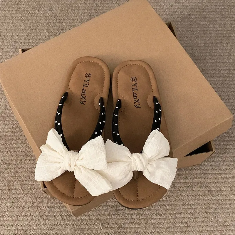 Women Slippers Fashion Cute Bow Anti Slip Sandals Wear-resistant Comfortable Soft Sole Flat Heel Beach Outdoor Slippers