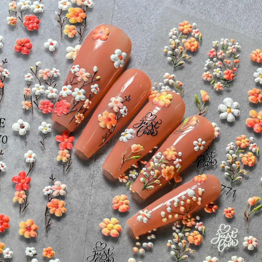 1Pc 5D 양각 라벤더 꽃 네일 스티커 봄 꽃잎 자체 접착 슬라이더 로즈 하트 데칼 매니큐어 장식