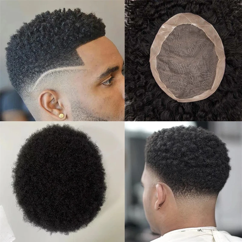 Afro Curl 4mm-25m Fine Mono Men Toupee With Knots Remy Human Hair Systems Male Capillary Prosthesis Men Hair Replacement Units human hair toupee