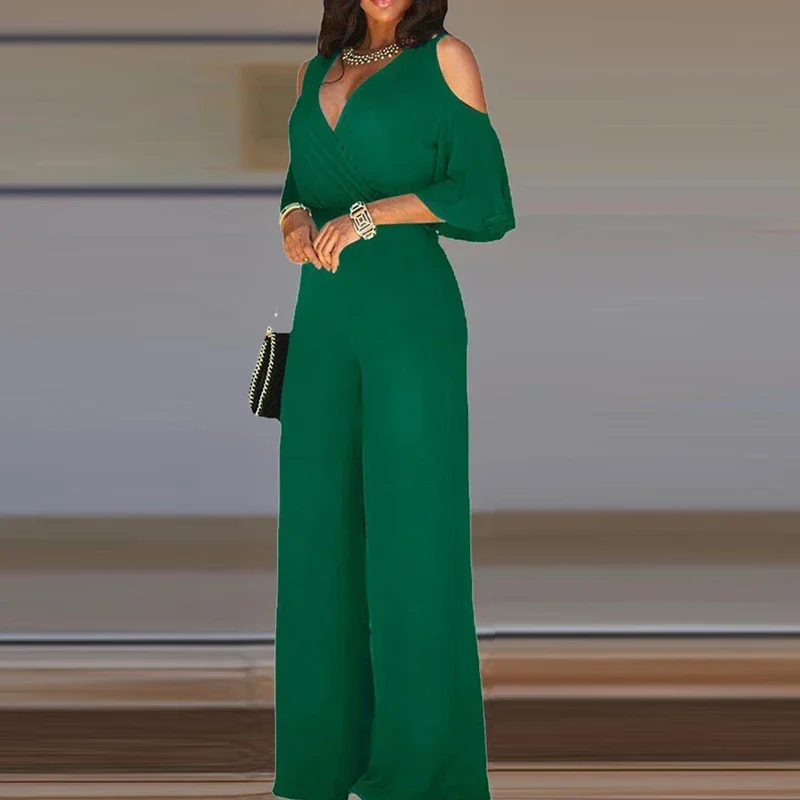 Spring Commuting Women Jumpsuit Sexy Hollow Off Shoulder Romper V Neck Half Sleeve Solid Color High Waisted Belt Wide Leg Pants