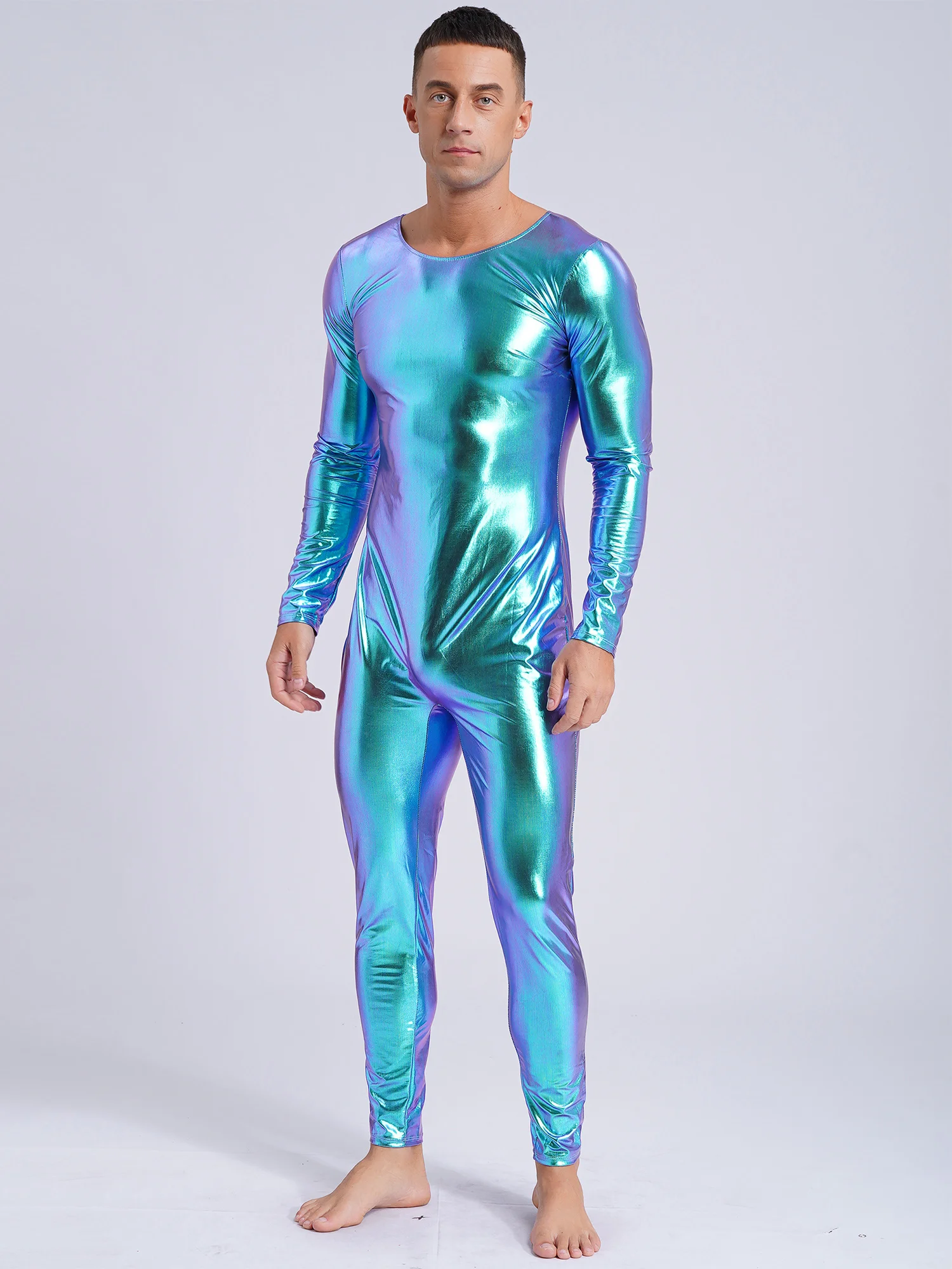 Mens Stage Costumes Dancewear Metallic Full Body Bodysuit Gymnastics Jumpsuit Long Sleeve Jazz Dance Disco Bar Shiny Unitard - 2