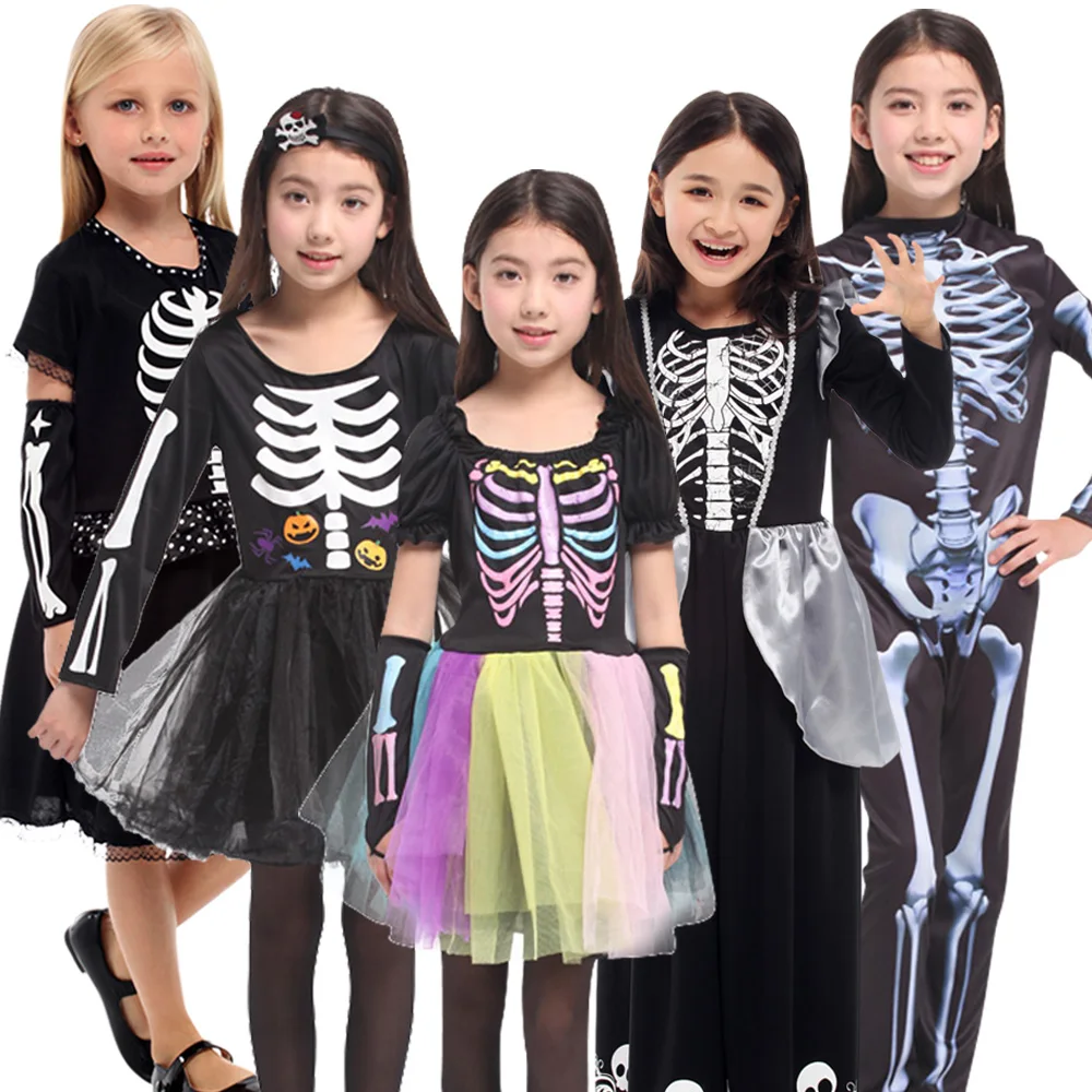 

Children Demon Ghosts Costume Dress Up Party Girls Black Scream Skull Clothes