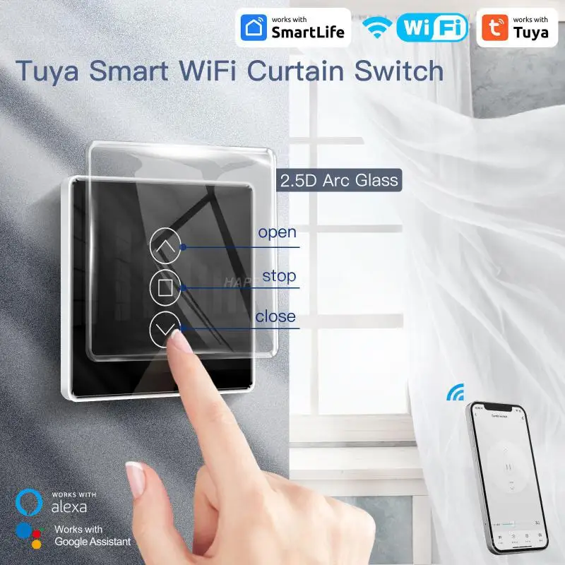 

Wi-Fi RF433 Smart 2.5D дуговое стекло, сенсорный выключатель для роликовых жалюзи, жалюзи Smart Life/Tuya, приложение работает с Alexa Home