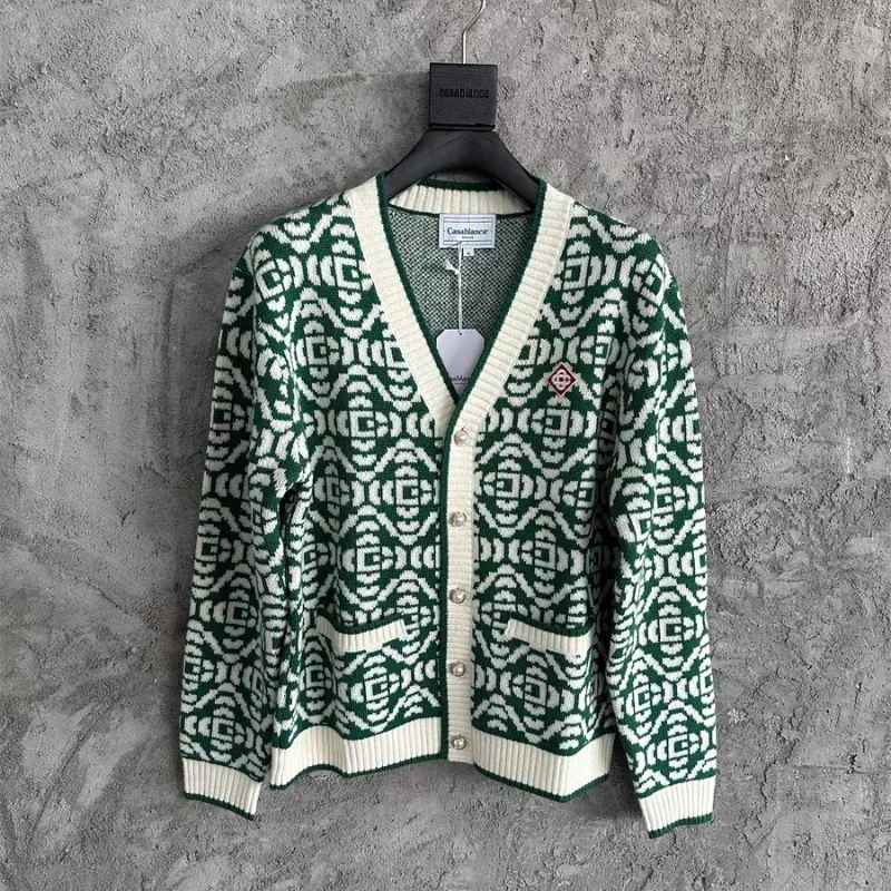 

24ss Jacquard Wool Casablanca Sweaters Men Women 1:1 High Quality Cardigan Pearl Buttons Knitting Jackets