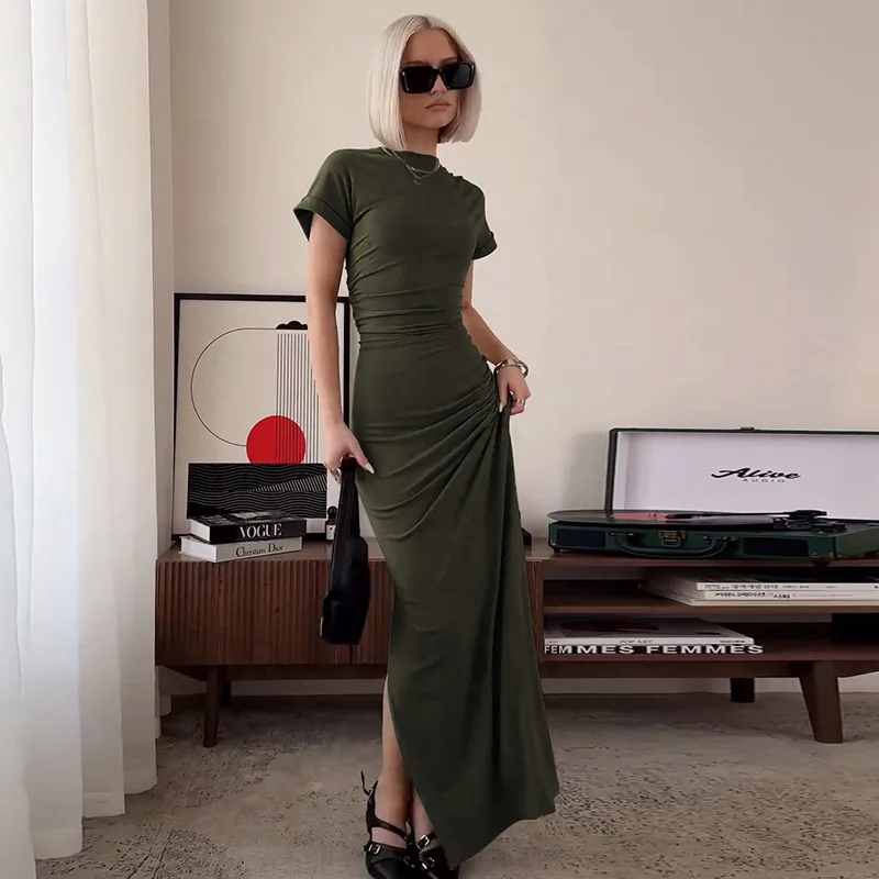 Women's Elegant O Neck Maxi Dress Short Sleeve Slim High Waist Shirring Dress Sexy Side Slit Evening Club Bodycon Dress Lady