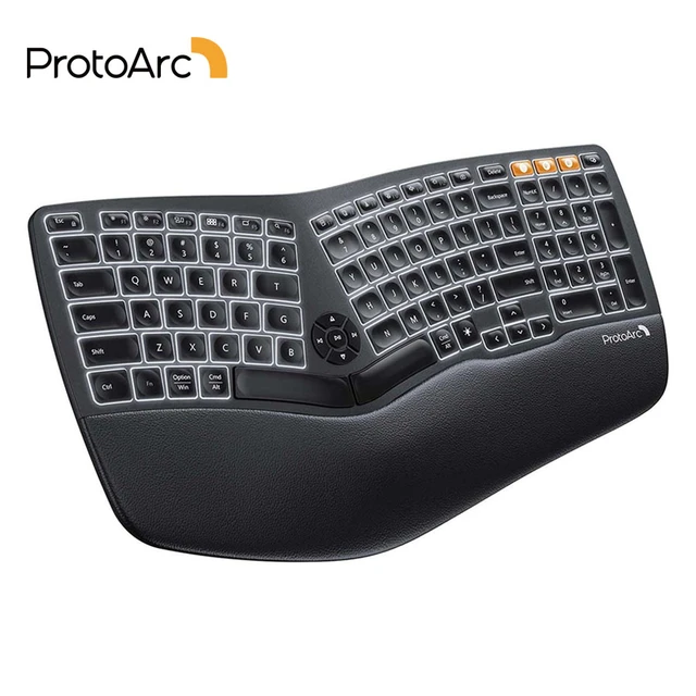 ProtoArc-teclado con Bluetooth y reposamuñecas, teclado ergonómico  inalámbrico retroiluminado, recargable, para Windows, Mac y Android