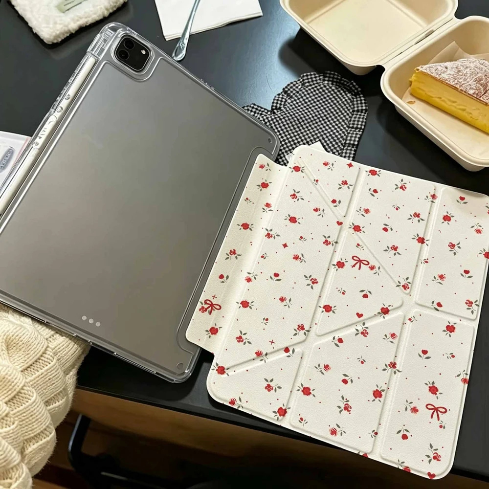 Vintage Red Rose Floral Tablet Case with Pen Slot - Protective Cover