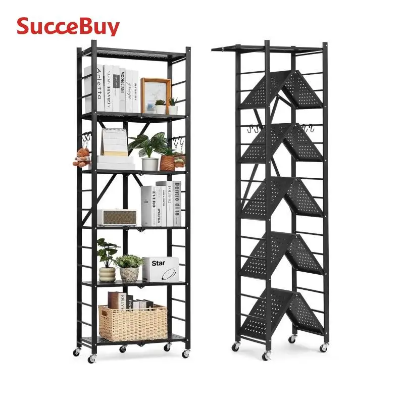 Black Metal Foldable Storage Shelf with Wheels for Garage and Kitchen