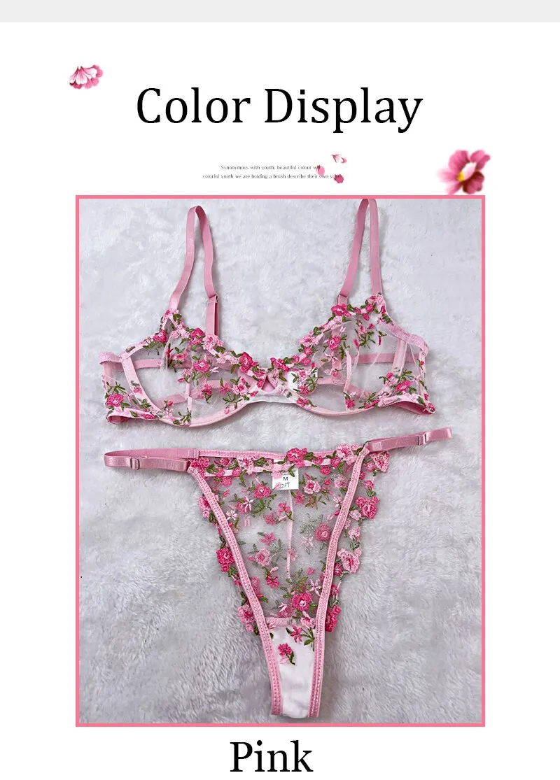 Ensemble sous-vêtements, 2 pièces soutien-gorge et culotte en dentelle femmes broderie florale rose transparent