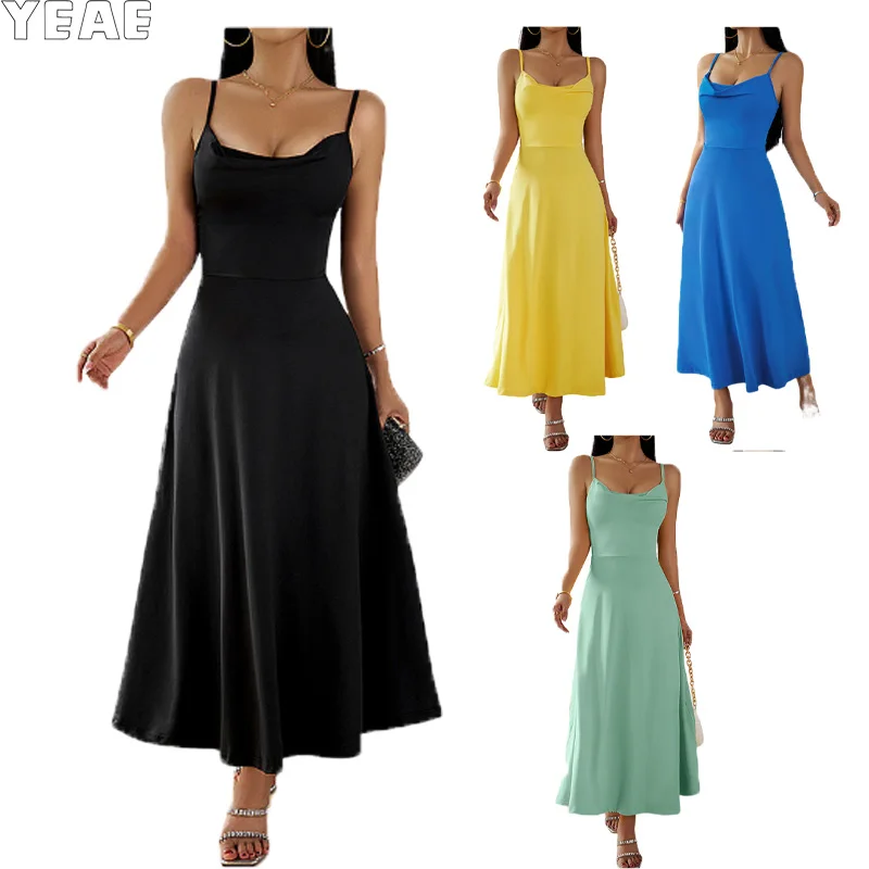 

YEAE Solid Color Sexy Halter Dress Swing Neck Stacked Neck Stretchy Pullover A-Line Dress Straps Adjustable Simple Long Y2K Traf