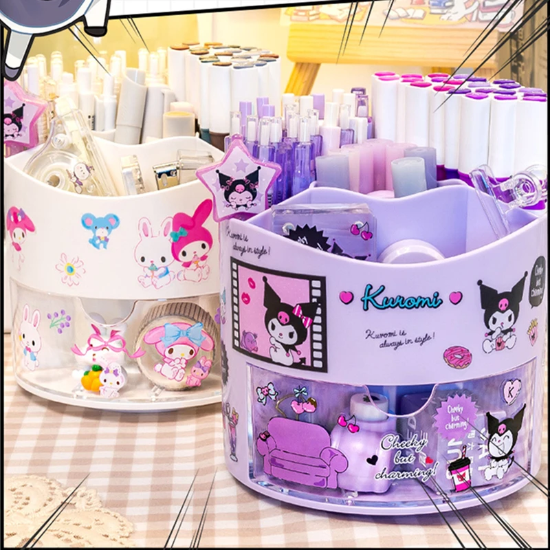 

Sanrio мультяшный вращающийся держатель для ручки Kuromi Melody Cinnamoroll Kawaii настольная искусственная кожа магазин оптовая продажа
