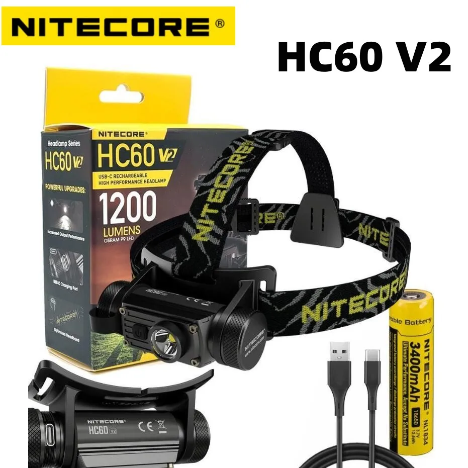 NITECORE HC60 V2 faro 1200 lumen OSRAM P9 lampada a LED USB-C faro da pesca sportivo da campeggio ricaricabile con batteria NL1834