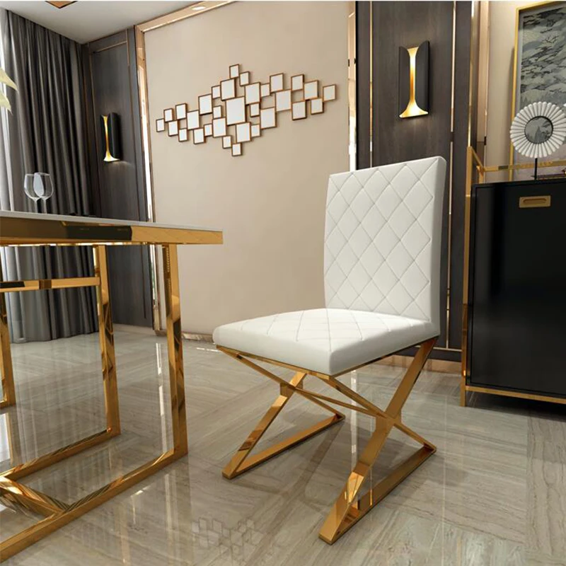 

Golden Stainless Steel Frame Dining Chair Set Of 4 Leather Backrest Office Kitchen Bedroom Chairs Modern Dining Table And Stool