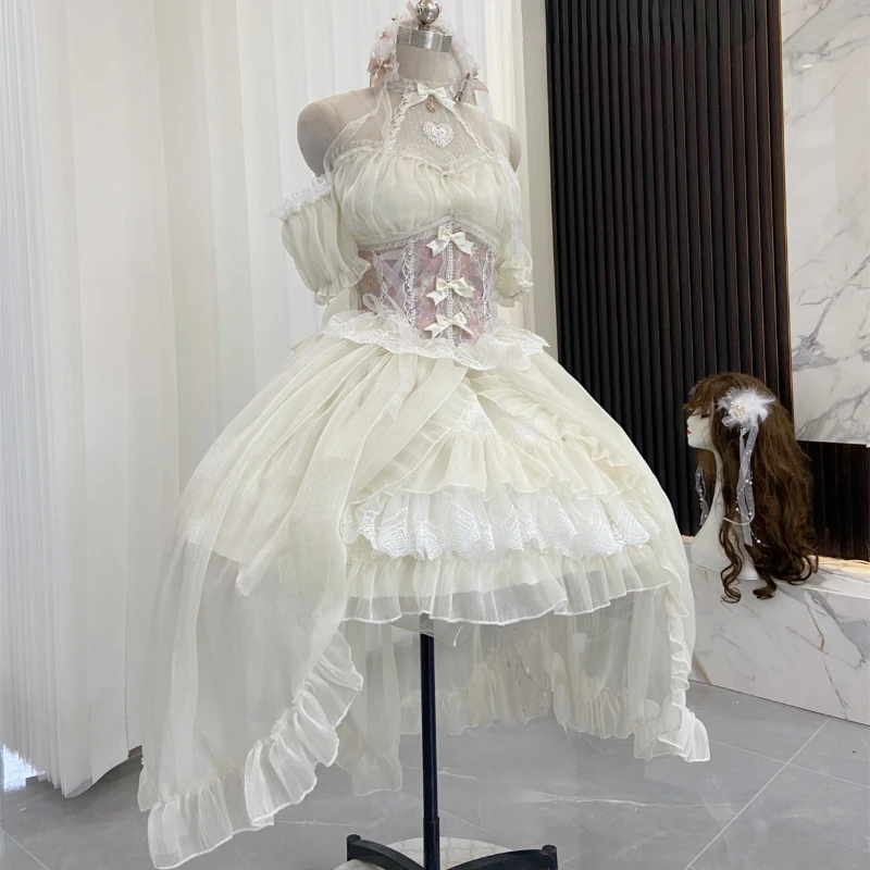 Lolita Suspender Dress Lolita Dress Lolita Cosplay Costumes Vintage Victorian Lolita Dress Cosplay Kawaii Lace Flower Bow Trailing Japanese Style Women Wedding Party