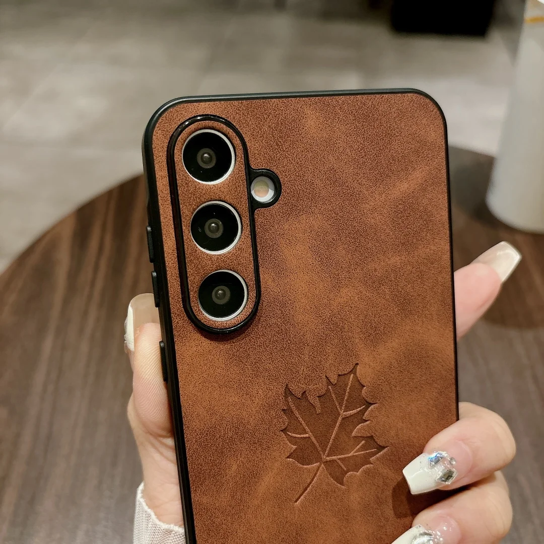 Retro Maple Leaf Pattern PU Leather Phone Case with Silicone Cover