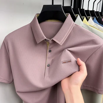 Polo da Uomo Casual da Ufficio a Maniche Corte, in Jacquard a Nido d'Ape Traspirante, con Due Bottoni in Metallo, per Lavoro e Uso Quotidiano