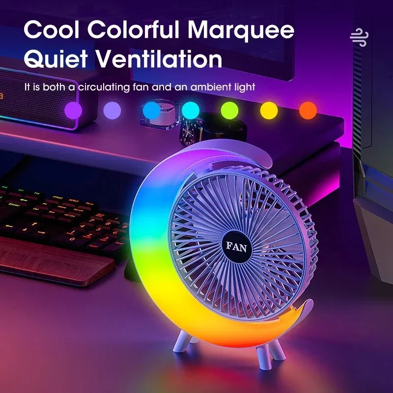 USB RGB 조명 선풍기 사무실 데스크톱 각도 조절 가능, 야외 휴대용 학생 기숙사 소형 선풍기, 3 단 바람, 신제품