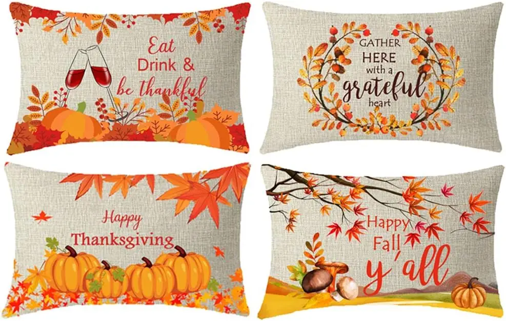 

Farmhouse Autumn Landscape Leaves Thanksgiving Waist Linen Pillow Cover Cushion Cover Living Room Decoration Rectangle 30x50cm