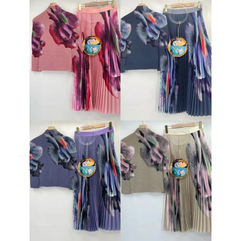 Miyake Style Pleated 2 Piece Set  Autumn New Printed Corn Pleated Loose T-shirt Fashion High Waist Pleated Skirt Suit for Women
