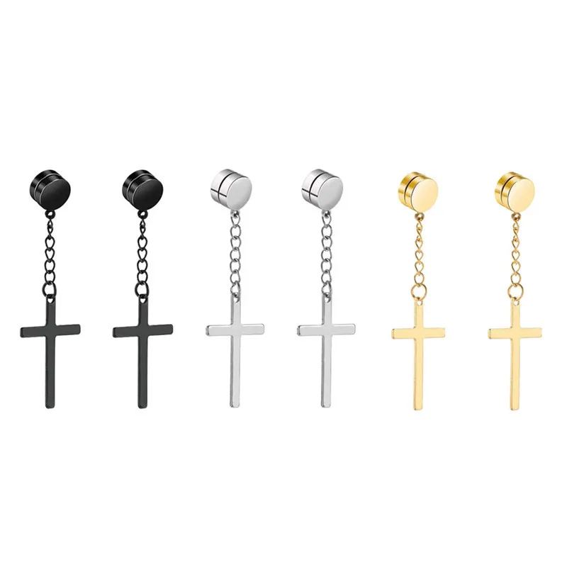 Ear Clip Earrings Clip Earrings Punk Cross Pendant Tassel Stainless Steel