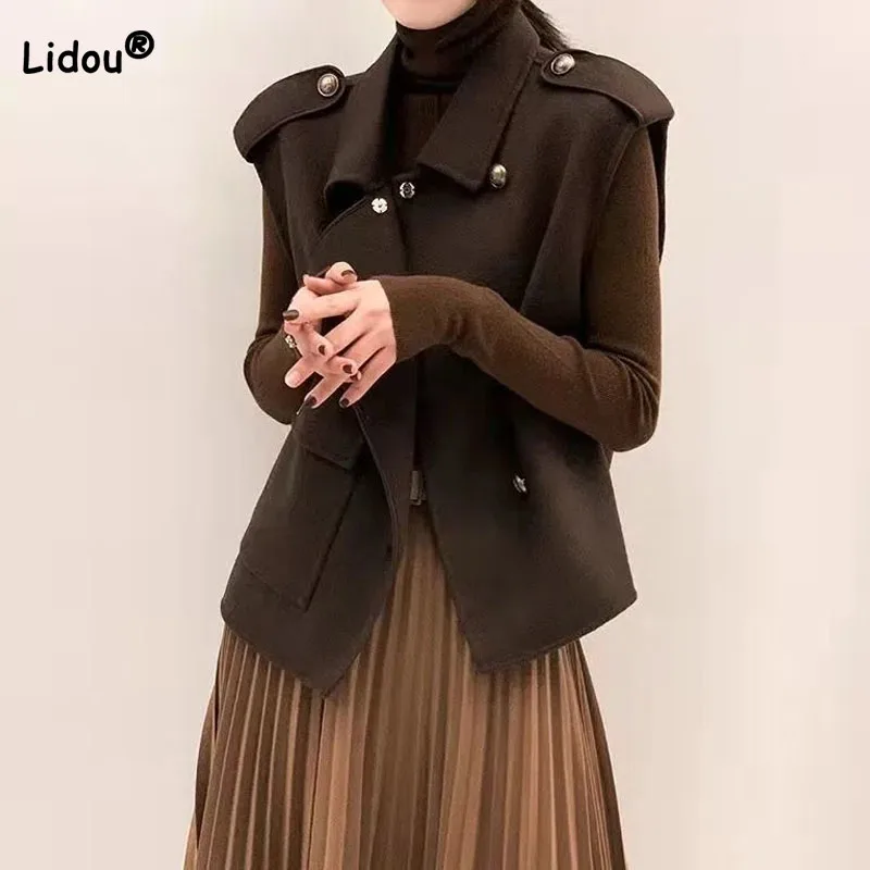 Elegant Fashion Solid Turn-down Collar Vests Coat Women's Clothing Autumn Winter Korean All-match Button Spliced Sleeveless Coat