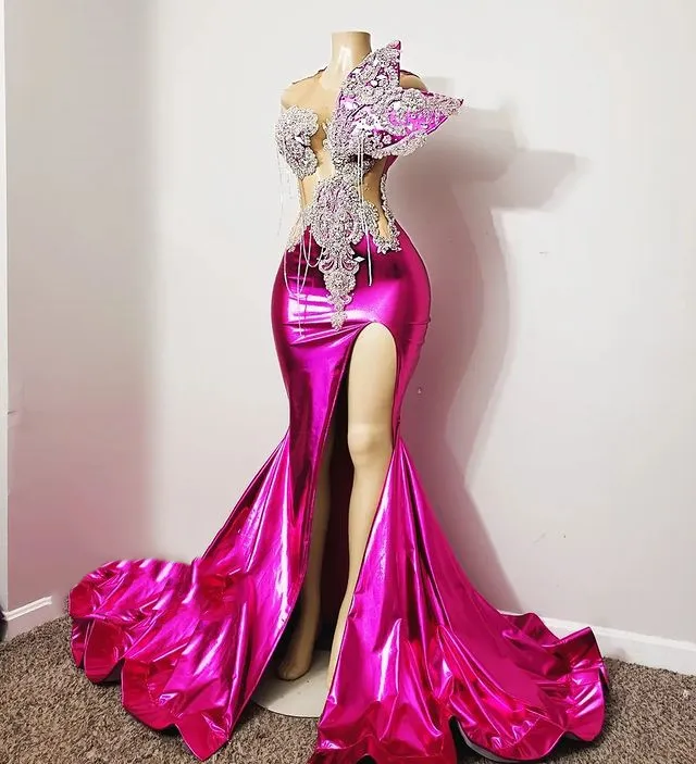 

Fuchsia Aso Ebi African Evening Dresses Mermaid Sheer Appliques Beaded Slit Long Ghana Nigeria Black Girls Evening Gown Prom