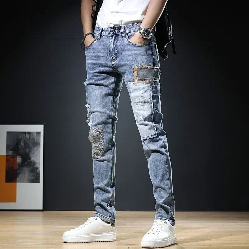 thumbnail image 1 of Pantalones vaqueros ajustados para hombre, pantalones vaqueros ajustados, pantalones elásticos recortados, bordados, corte ajustado, parche de tubo ajustado, otoño coreano 2024, 1 of 4