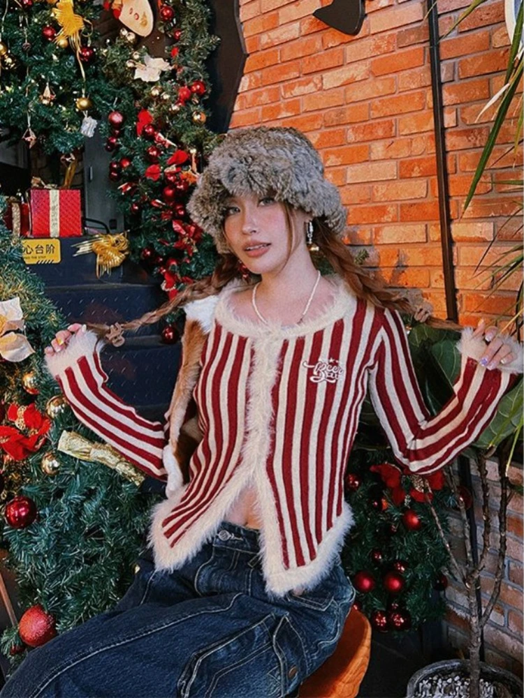 

ADAgirl Stripe Embroidery Knitted Sweater Women Plush Design Slim Cardigan American Retro Winter Christmas Female Clothes Chic