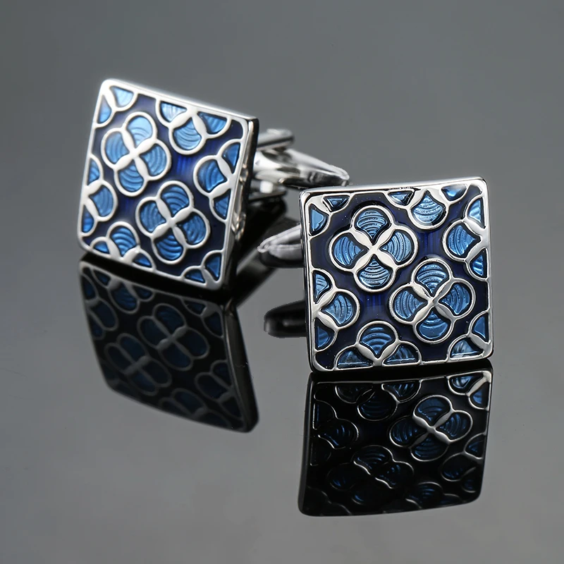 Luxury Mens Cufflinks - Classic Square Blue  Black Retro Pattern Suit Accessories