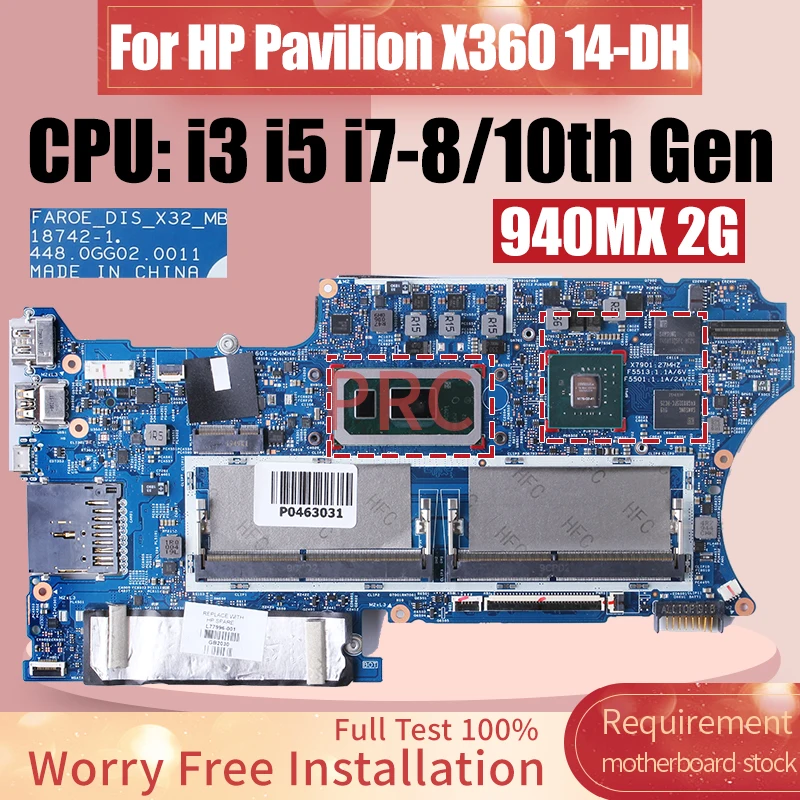 

18742-1 Материнская плата для ноутбука HP Pavilion X360 14-DH i3 i5 i7-8/10th Gen 940MX 2G L51138-601 L67770-601