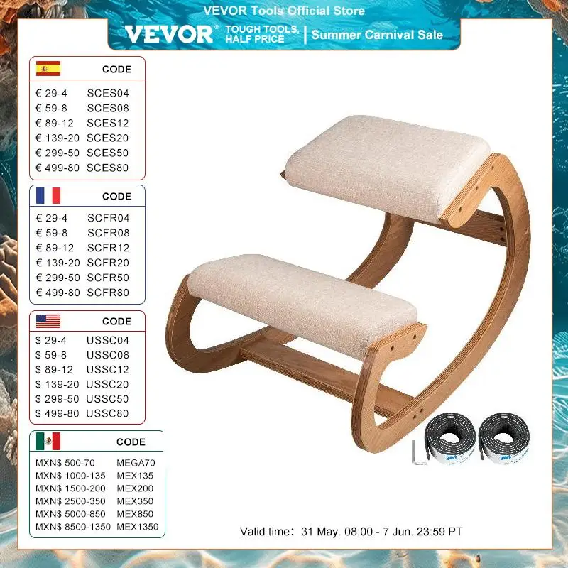 VEVOR Ergonomic Kneeling Chair Stool W/ Thick Cushion Home Office Chair Improving Body Posture Rocking Wood Knee Computer Chair