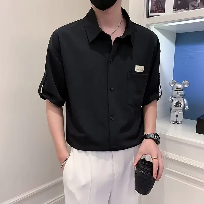 Elegant Fashion Harajuku Slim Fit Ropa Hombre Loose Casual All Match Shirt Pointed Collar Pockets Button Short Sleeve Blusa