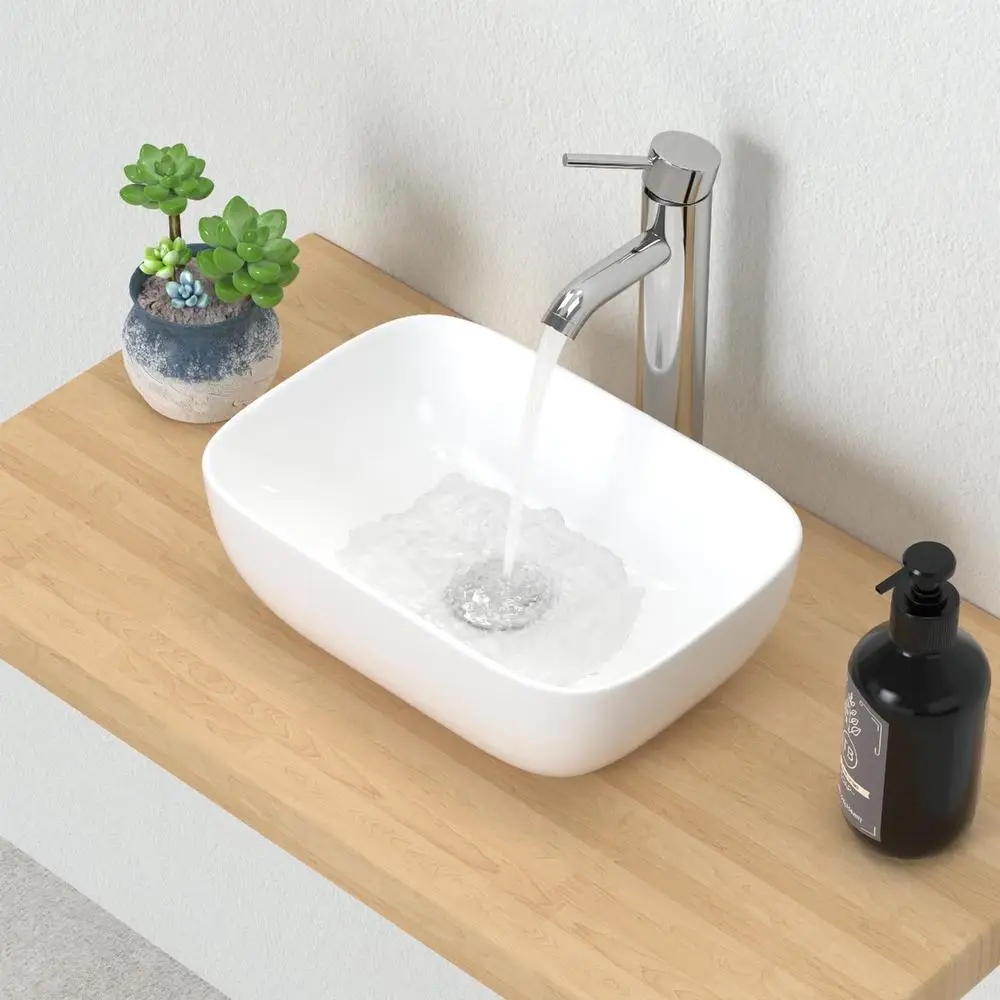 Small Bathroom Vessel Sink White Porcelain Ceramic Lavatory Wash Basin 14.5''x10'' Modern Impact-Resistant Design 365x250x115mm 5