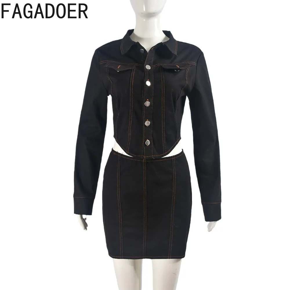 FAGADOER Elegant Lady Solid Mini Skirts Two Piece Sets Women Turndown Collar Long Sleeve Button Top And Skinny Skirts Outfits