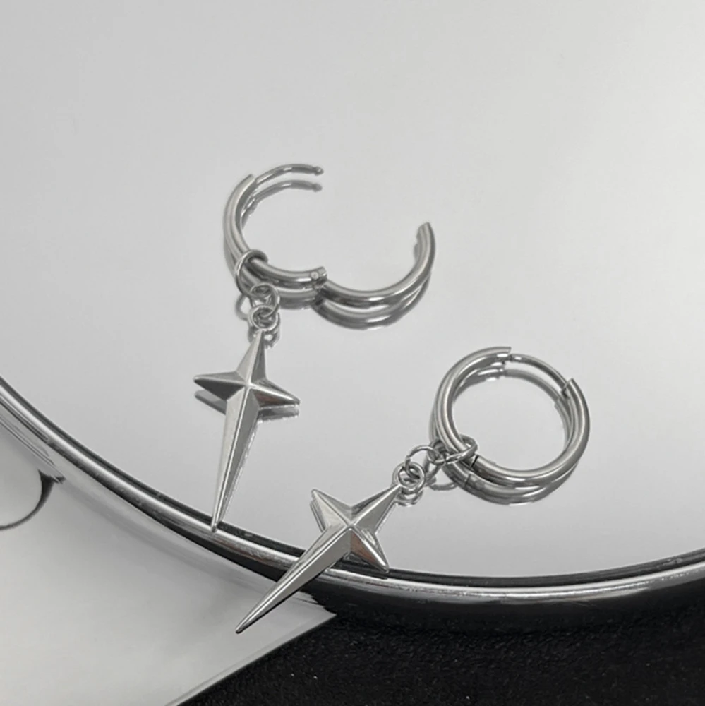 925 Silver Needle Men Cross Stars Punk Dangle Earrings