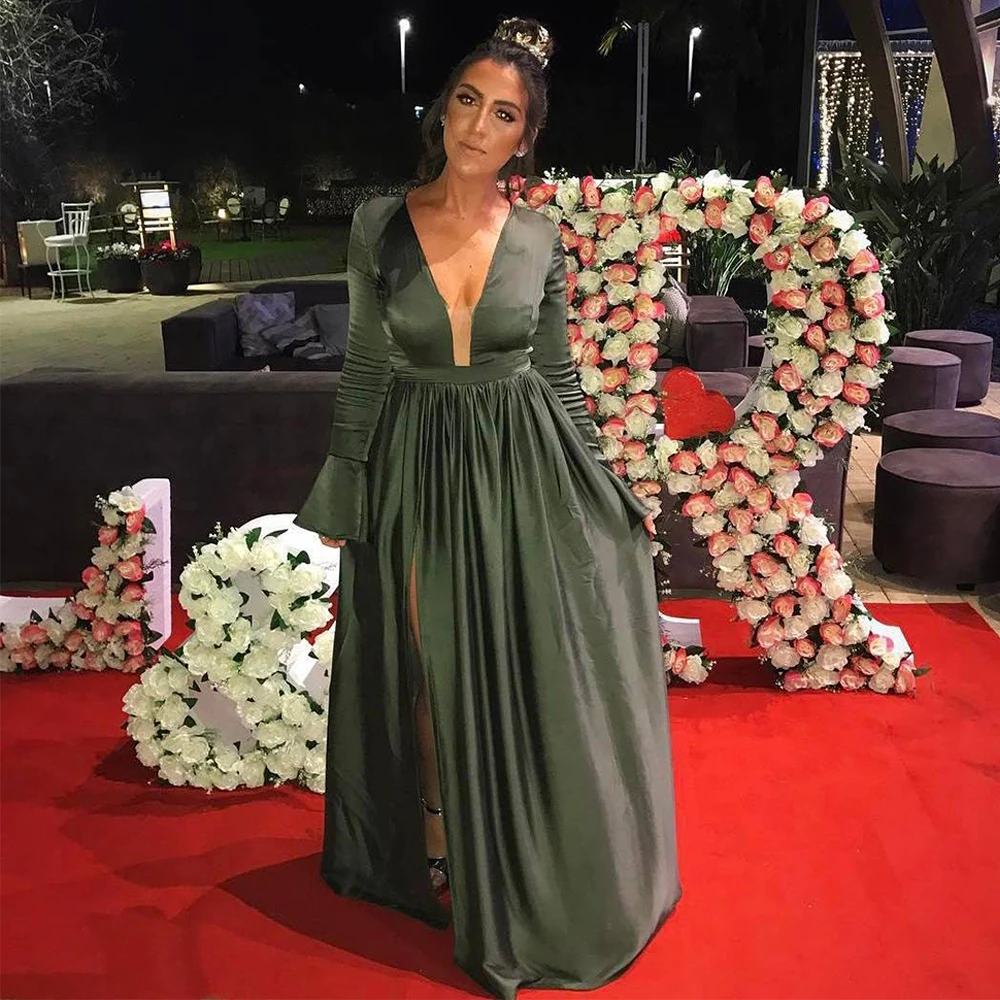 

Evening Dress Long Sleeve Deep V Neck Thigh-High Split Sexy Evening Gowns for Women 2023 A Line Pleat Green Elegant Prom Dress
