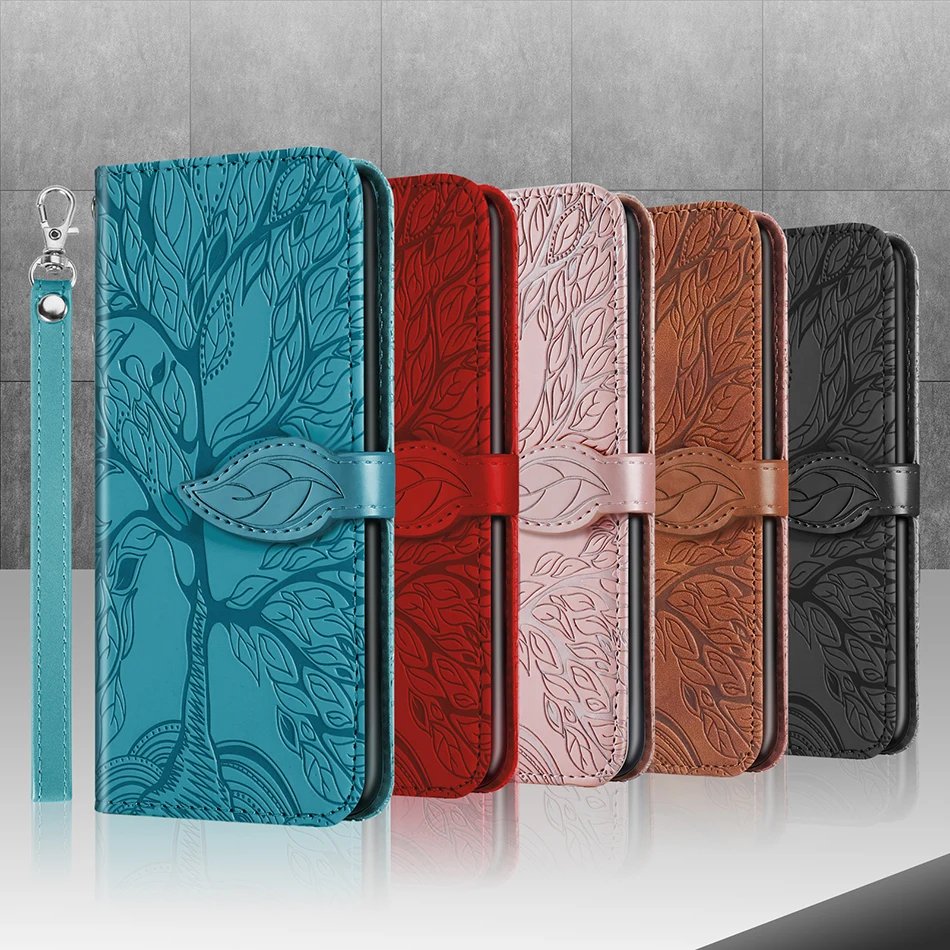 Embossed Tree Leather Phone Wallet Case Book Flip Cover