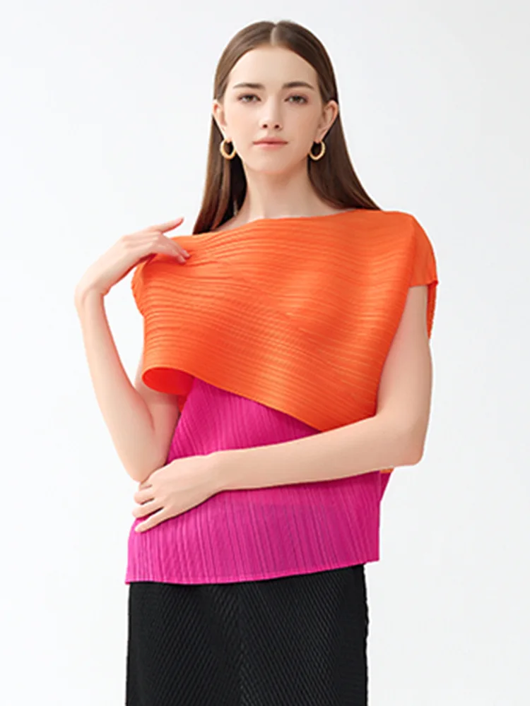 

Style Color Matching Irregular Fashion All-match Top 2023 Early Autumn Round Neck Sleeveless Casual Style Pleated T-shirt